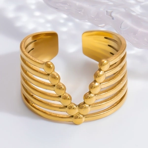 Detailed view of multilayer gold stainless steel ring with stacked V-shaped bead design