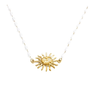 Elegant stainless steel pearl necklace with polished gold sun pendant for women