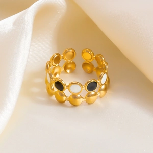 Bague Ouverte Vintage en Acier Inoxydable Émail pour Femme Plaquée Or 18K Mauvais Œil Main De Fatma Serpent Réglable