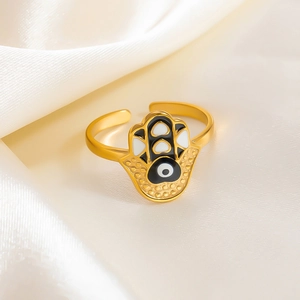 Bague en acier inoxydable plaqué or 18 carats avec main de Fatima et œil grec