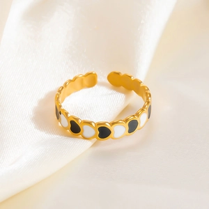 Bague ouverte en acier inoxydable plaqué or 18 carats avec cœurs en émail bicolore
