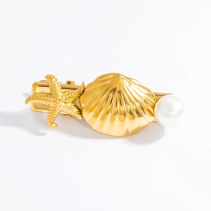 Barrette à cheveux dorée 18 carats thème marin avec étoile de mer, coquillage et perle