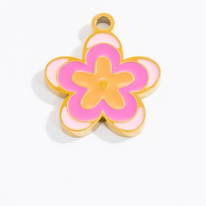 Detailed close-up of a pink floral enamel pendant with a gold stainless steel frame