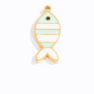 Detailed view of fish pendant with mint green enamel stripes on golden stainless steel