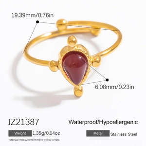 Detailed specs of the adjustable stainless steel ring with red teardrop obsidian stone