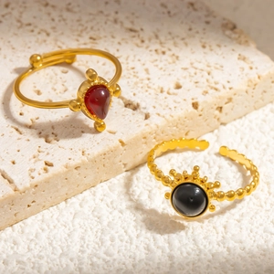Luxury Stainless Steel Adjustable Open Ring For Women Vintage Gold Plated Band Red Teardrop Black Round Stone Jewelry