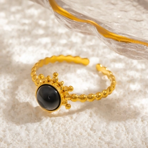 Adjustable gold stainless steel ring with black obsidian stone in vintage sunburst design