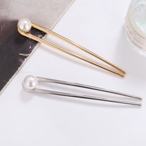 Elegant U-shaped hair pins with round pearls in gold and silver alloy finish