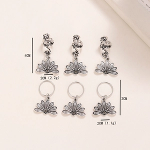 Retro silver alloy hair jewelry set with spiral clips and floral petal pendants