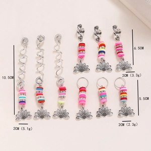 Spiral hair braid rings set with silver alloy charms and floral pendants for women