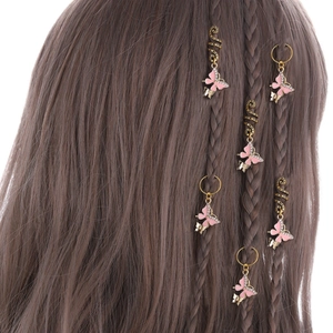 Butterfly Hair Rings Alloy Pink Enamel Spiral Dreadlock Accessories Rhinestone Hair Clips For Women Girls Styling Decoration
