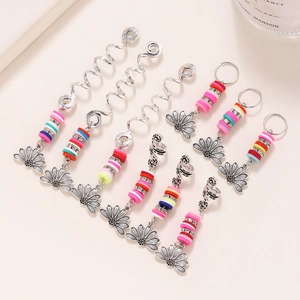Spiral hair charms with colorful clay beads and vintage sunflower pendant for braids