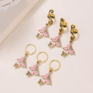 6-piece gold spiral hair rings set with pink enamel butterflies and rhinestones