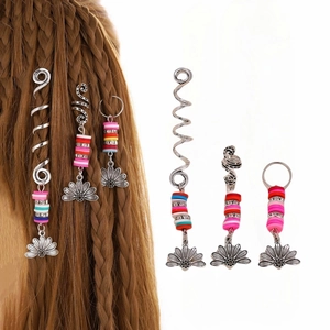 Bohemian Spiral Hair Rings For Braids Ethnic Alloy Flower Pendant Polymer Clay Beads Hair Clip Accessories For Women Dreadlock Decor