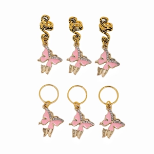 Gold spiral hair rings with pink oil-dripped butterfly charms and rhinestone accents