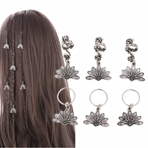 Vintage Alloy Flower Braid Charms Spiral Hair Rings Antique Silver Petal Pendant DIY Braid Hair Accessories For Women Girls