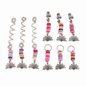 9-piece set of silver spiral hair clips with colorful clay beads and lotus pendants