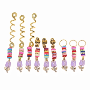 9-piece golden tulip hair jewelry set with purple enamel charms for African braids