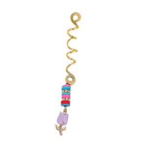 Golden spiral hair braid ring with colorful beads and purple tulip enamel pendant