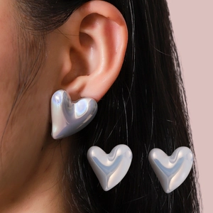 Iridescent Glass Heart Stud Earrings For Women 925 Sterling Silver Earring Post 3D Stereo Heart Shape Fashion Ear Jewelry