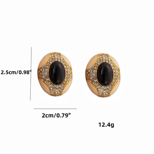 Vintage oval S925 earrings with gold frames, black center gems, and white rhinestones