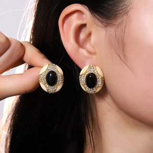 Vintage Palace Style Oval Stud Earrings For Women Gold Plated Zinc Alloy Rhinestone Black Enamel Decorative Jewelry Accessory