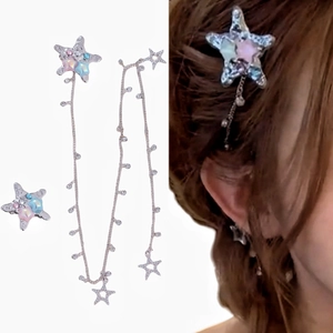Y2K Cyber Argento Lega Stella Fermaglio per Capelli Nappina Catena Accessori per Capelli Donna Iridescente Strass Stella Becco d'Anatra Millennial Ragazza