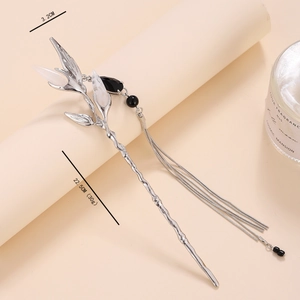 Silver vintage hair stick with heart fan leaf design and liquid metal tassels