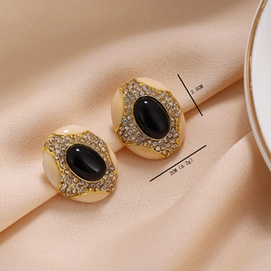 Vintage S925 oval earrings with black stone, crystals and cream enamel detail