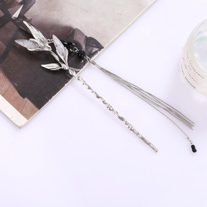 Vintage silver bamboo hair stick with marble leaves and long elegant tassels