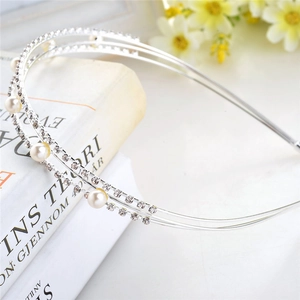 Elegante cerchietto argento a doppio strato con strass lucidi e perle per le donne