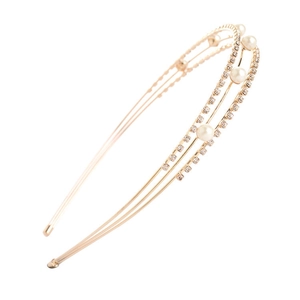 Elegante cerchietto doppio strato dorato con perle bianche e strass scintillanti