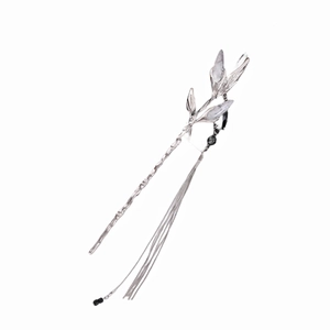 Elegant silver hair pin with floral crystals and long tassels on white background