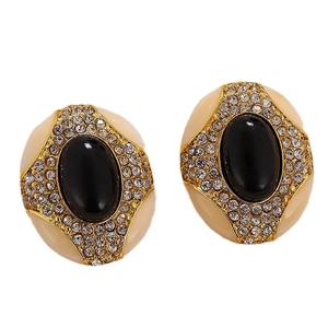 Vintage S925 silver oval earrings with black drip oil and sparkling rhinestones