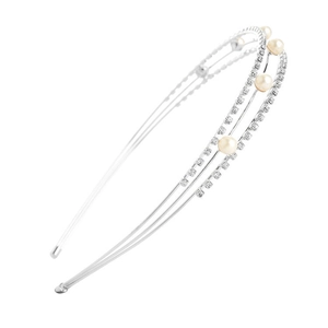 Elegante cerchietto argento a doppio strato con perle artificiali e cristalli lucidi