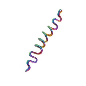 Detail of Celtic spiral hair pin featuring a polished rainbow iridescent metal finish