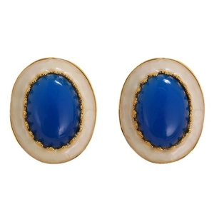 Boucles d'oreilles ovales vintage avec pierres bleu foncé et bordures dorées dentelées