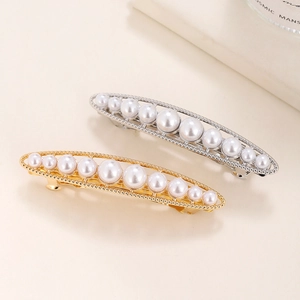 Elegant white pearl hair clips with gold and silver metal spring base for women