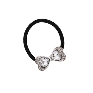 Black high-elastic hair tie with sparkling rhinestone heart bow charms for ponytails
