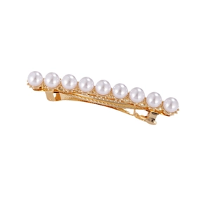 Elegant gold metal hair clip featuring ten white pearls in a minimalist row design