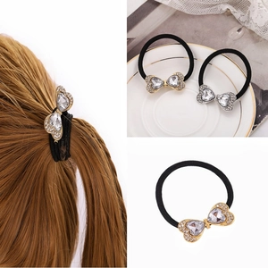 Sweet Heart Bow Rhinestone Elastic Hair Tie For Women Girls Fashion Elegant Alloy Sparkly Ponytail Holder Accessory