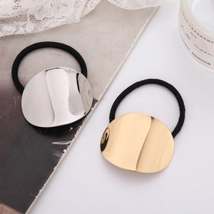 Minimalist elastic hair ties with oval polished gold and silver metal charms