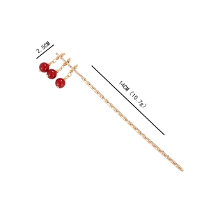 Pic à cheveux vintage doré avec perles rouges, 14 cm de long pour chignons et Hanfu