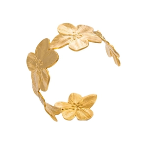 Elegant 18K gold plated stainless steel open cuff bracelet with brushed floral design