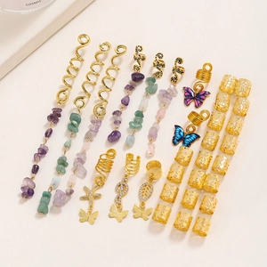 Golden butterfly and starfish hair braid charms with colorful gemstone dangles set