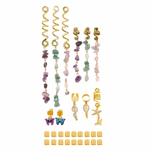 Gold braided hair jewelry set with butterfly, star charms and colorful crystal pendants
