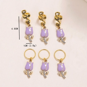 Golden tulip braid charms with purple enamel and rhinestones for dreadlocks and hair