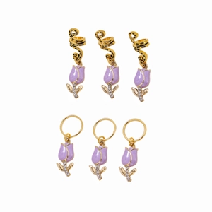 Golden hair braid accessories set with purple tulip charms and sparkling rhinestones