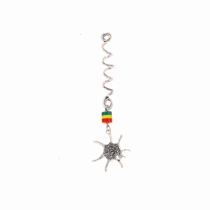 Detailed view of silver spiral dreadlock hair ring with sun charm and Rasta beads