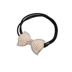 Eleganter schwarzer Haargummi mit luxuriöser goldener Schleife, Perlen und Glitzersteinen